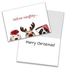 Load image into Gallery viewer, Three adorable dogs, one with a red bow on its head, one with reindeer antlers and a red nose, and one with a sparkly Santa hat on the front of a glossy greeting card that says, "Define naughty..." on the front and "Merry Christmas!" inside, perfect for animal lovers