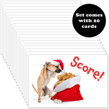 Load image into Gallery viewer, Image of the front of 20 the chihuahua Christmas cards, and a call out that says the set comes with 20 cards.