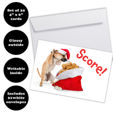 Load image into Gallery viewer, An infographic that explains the Chihuahua Christmas card comes in a set of 20 4"x6" cards, they are glossy outside and writable inside and includes 21 white envelopes. There is a picture of the front of the card and one white envelope.