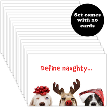 Load image into Gallery viewer, Christmas card with the words Define naughty... across the front in red font. A call out explains the sets comes with 20 cards.