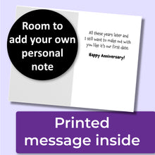 Load image into Gallery viewer, An anniversary greeting card. The inside reads, "All these years later and I still want to make out w!ith you like it's our first date. Happy Anniversary" A purple banner at the bottom that says, "Printed message inside" and a black circle with text that says, "Room to add your own personal note."