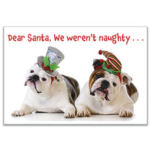 Load image into Gallery viewer, Christmas Cards with Two Bulldogs - We weren't naughty...That was fake news! - Set of 20