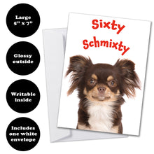 Load image into Gallery viewer, Humorous 60th birthday card, 5 inches by 7 inches, with a glossy front and a smooth, writable inside. Comes with a white envelope for easy mailing.
