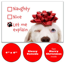 Load image into Gallery viewer, Front of the &#39;Let Me Explain&#39; Christmas card, measuring 4&quot; x 6&quot;, featuring a glossy finish with a playful dog and humorous text. The inside includes a preprinted &#39;Merry Christmas&#39; message, ideal for a fun and festive holiday greeting.
