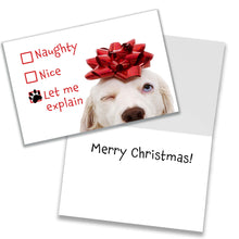 Load image into Gallery viewer, Front and inside of the &#39;Let Me Explain&#39; Christmas card featuring a mischievous dog with a red bow on its head, three checkboxes labeled Naughty, Nice, and Let Me Explain, with the dog humorously marking the Let Me Explain box with a paw print. The inside includes a preprinted &#39;Merry Christmas&#39; message, perfect for a fun and cheeky holiday greeting.
