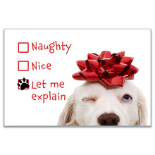 Load image into Gallery viewer, Front of the &#39;Let Me Explain&#39; Christmas card featuring a mischievous dog with a red bow on his head, with 3 checkboxes with the options of Naughty, Nice or Let me explain and the dog humorously put a paw print in the Let me explain box. Ideal for a fun and cheeky holiday greeting.
