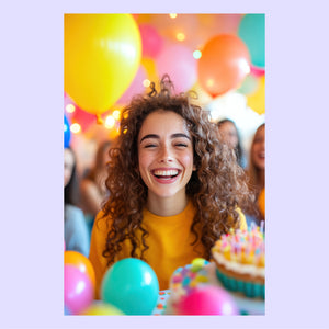 Woman with curly hair smiling at a birthday party with colorful balloons and a cake.