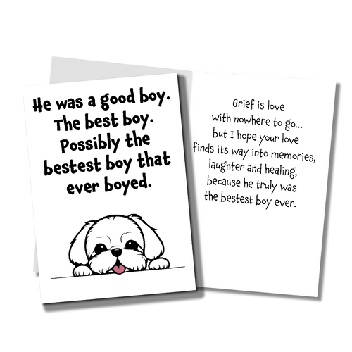 Sympathy card for loss of pet with white dog. The front says: 