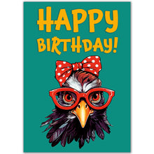 Load image into Gallery viewer, Front of a birthday card featuring a quirky chicken wearing red glasses and a polka dot bow with &quot;Happy Birthday&quot; text on a teal background.
