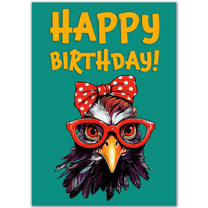 Front of a birthday card featuring a quirky chicken wearing red glasses and a polka dot bow with "Happy Birthday" text on a teal background.