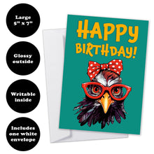 Load image into Gallery viewer, Funny chicken-themed birthday card showcasing its 5&quot;x7&quot; size, glossy front, writable inside surface and comes with a white envelope.
