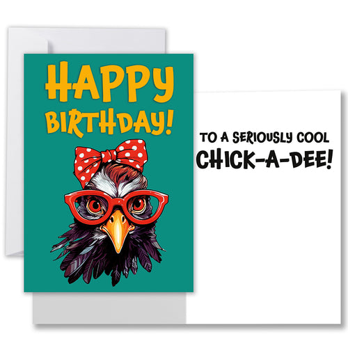 Funny chicken-themed birthday card for animal lovers showing both the front 