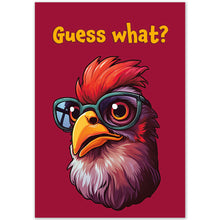 Load image into Gallery viewer, Magenta-colored birthday card front featuring a chicken with glasses and the phrase &#39;Guess What?&#39; in gold letters.
