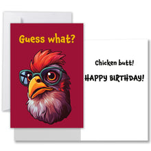 Load image into Gallery viewer, Front of humorous birthday card featuring a chicken with glasses and the text &#39;Guess What?&#39; in fun gold font.
