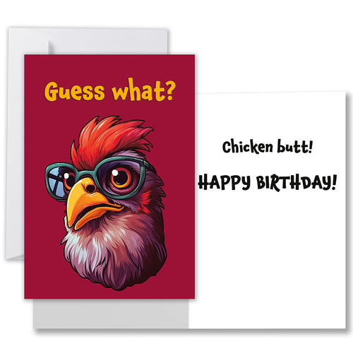 Front of humorous birthday card featuring a chicken with glasses and the text 'Guess What?' in fun gold font.