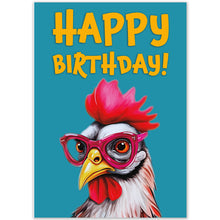 Load image into Gallery viewer, Front of a funny chicken birthday card with &quot;Happy Birthday!&quot; text and a playful chicken in pink glasses.
