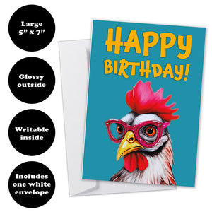 Birthday card features: 5"x7" size, glossy front, writable inside, includes a white envelope.