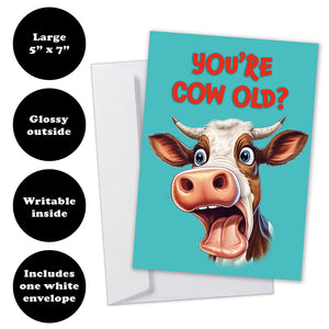 You're Cow Old?" birthday card features shows it 5"x7" size, glossy front, writable inside, and includes white envelope.