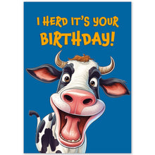 Load image into Gallery viewer, Front view of the greeting card showing a smiling cow with a fun birthday message.
