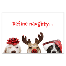 Load image into Gallery viewer, Christmas card with the words Define naughty... across the front in red font. There are three dogs pictured from the noses up donning Christmas accessories. 
