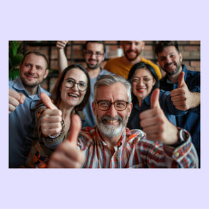 Group of people giving thumbs up in a casual setting.