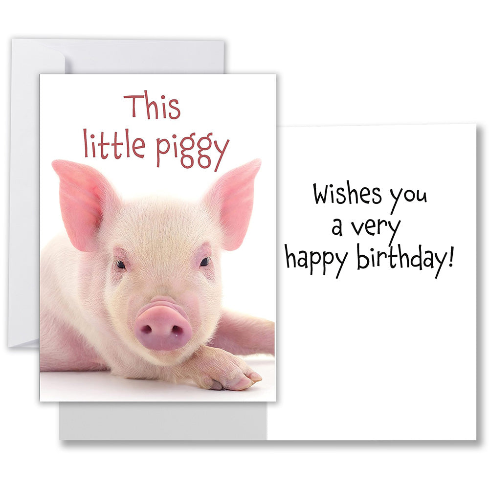 Front of the birthday card featuring a cute piglet with the text 'This little piggy' on a glossy finish. Inside it says 