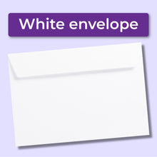 Load image into Gallery viewer, White envelope on a light purple background with a purple label reading &#39;White envelope&#39;.
