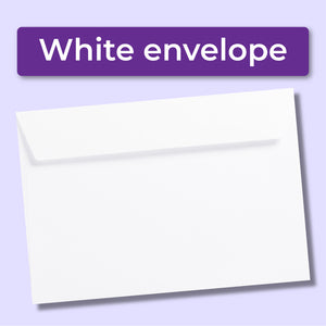 White envelope on a light purple background with a purple label reading 'White envelope'.
