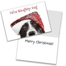 Load image into Gallery viewer, Feliz Naughty Dog Christmas card with a Border Collie wearing a sparkly Santa hat, inside message says &quot;Merry Christmas!&quot;
