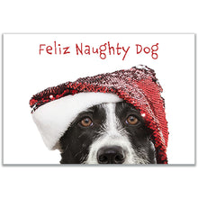 Load image into Gallery viewer, Feliz Naughty Dog&quot; Christmas card featuring a Border Collie in a sparkly Santa hat with the words &quot;Feliz Naughty Dog&quot; in bright red.
