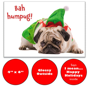 Key features of 'Bah Humpug!' Christmas card include a funny pug design, glossy front, size 4"x6" and smooth, writable inside for personal notes.