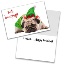 Load image into Gallery viewer, Front and inside view of &#39;Bah Humpug!&#39; Christmas card featuring a grumpy pug with the message &#39;Bah Humpug!&#39; on the front and &#39;I mean… Happy Holidays!&#39; inside.
