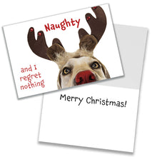 Load image into Gallery viewer, A Christmas card with a dog wearing reindeer antlers and a red nose, and the message &quot;Naughty and I regret nothing.&quot; 
Inside of the card: 
